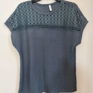 Lace Yoke Knit Short-Sleeve Top - Slate Blue